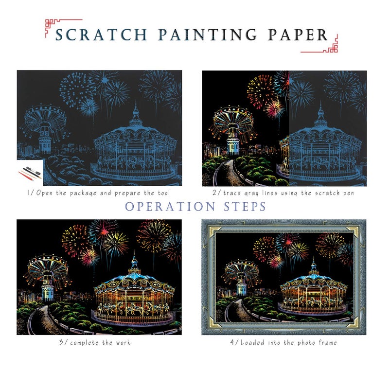 BOTEEN Scratch Rainbow Painting Art Paper,Scratch & Sketch Art for Adults,Creative DIY Gifts&Arts Craft Kits with 4 Tools,16''x11'(Amusement Park) - Image 3